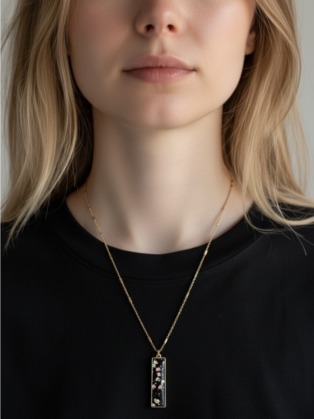 9/26 Gold Bar Pendant Necklace with Black Floral Inlay - Women Jewelry